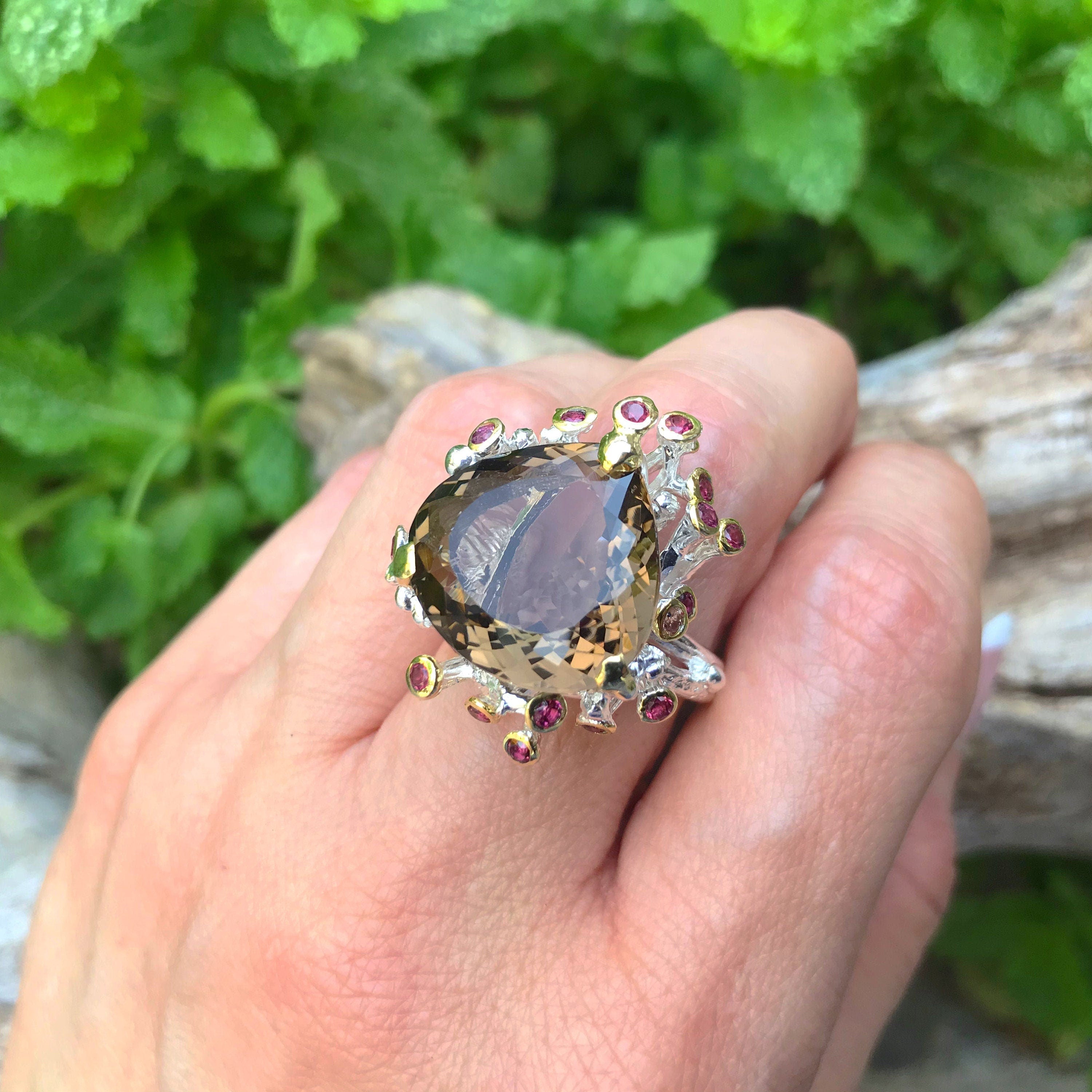 Strawberry Quartz Bezel Ring, Fine Silver statement ring handmade by shops Mustache Metal Works