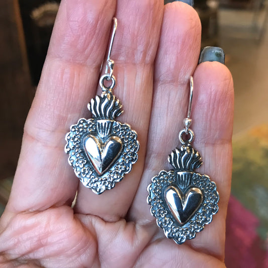 Sterling Silver Sacred heart flame Etnika dangle  earrings