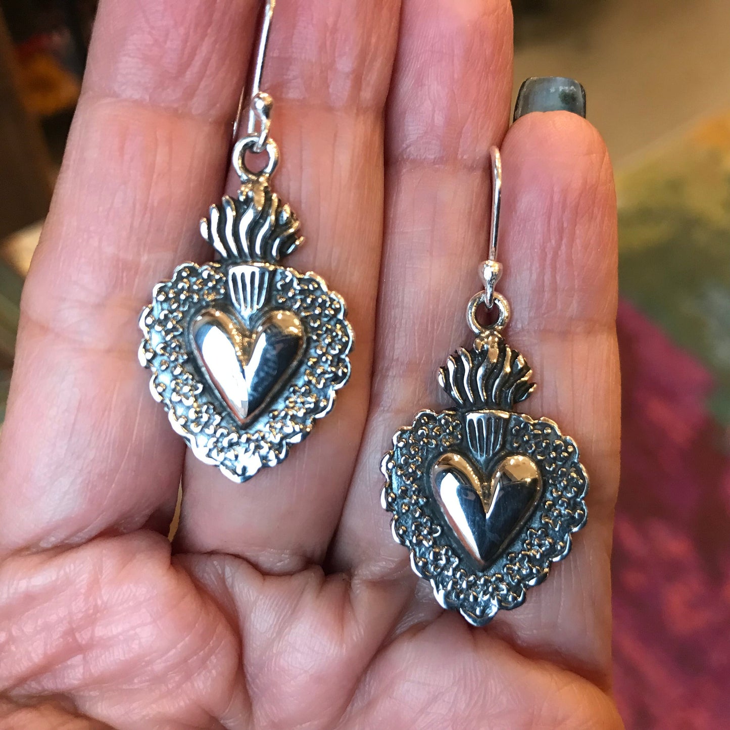 Sterling Silver Sacred heart flame Etnika dangle  earrings