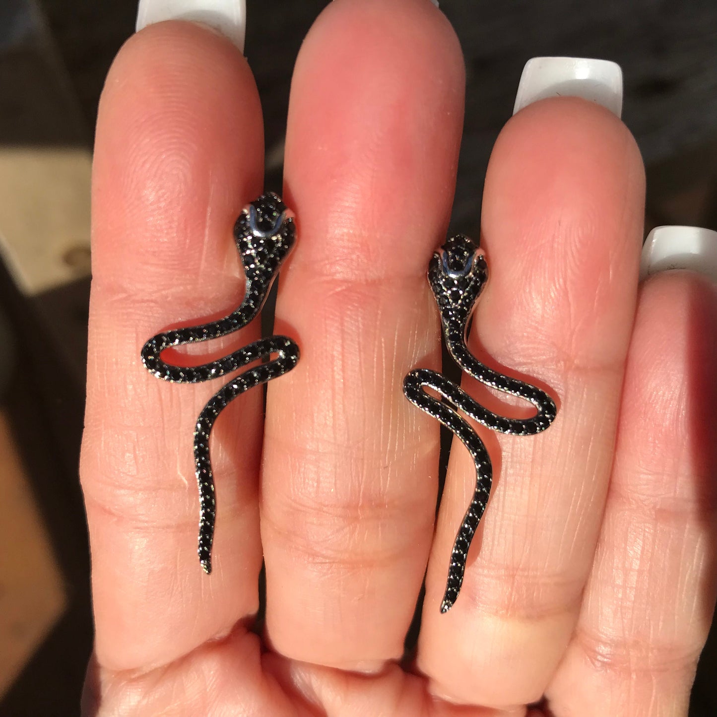 sterling silver Black spinel snake post stud earrings