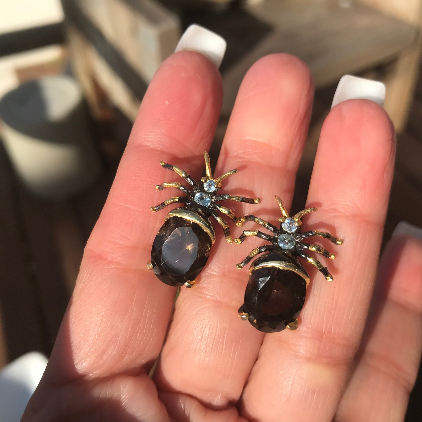 Sterling Silver Smokey quartz ants insect  stud Earrings