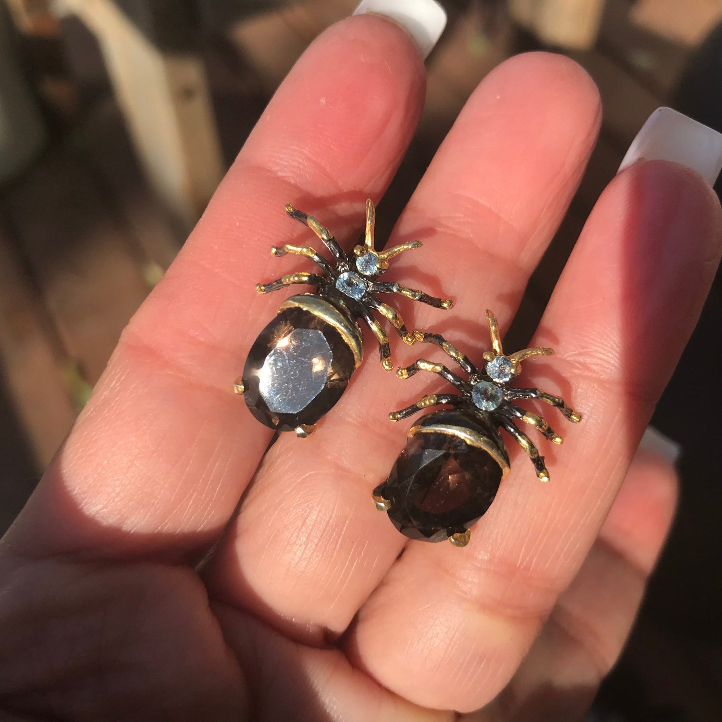 Sterling Silver Smokey quartz ants insect  stud Earrings