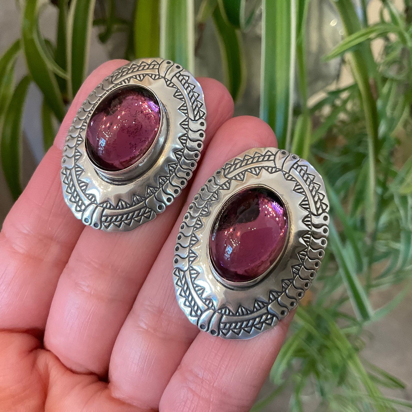 Amethyst sterling silver Artisan concho Navajo handmade vintage Earrings