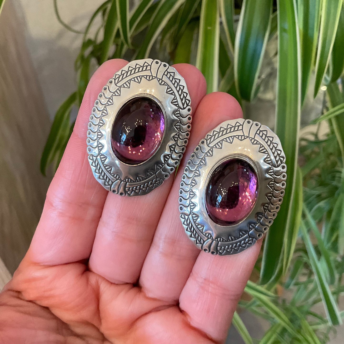 Amethyst sterling silver Artisan concho Navajo handmade vintage Earrings