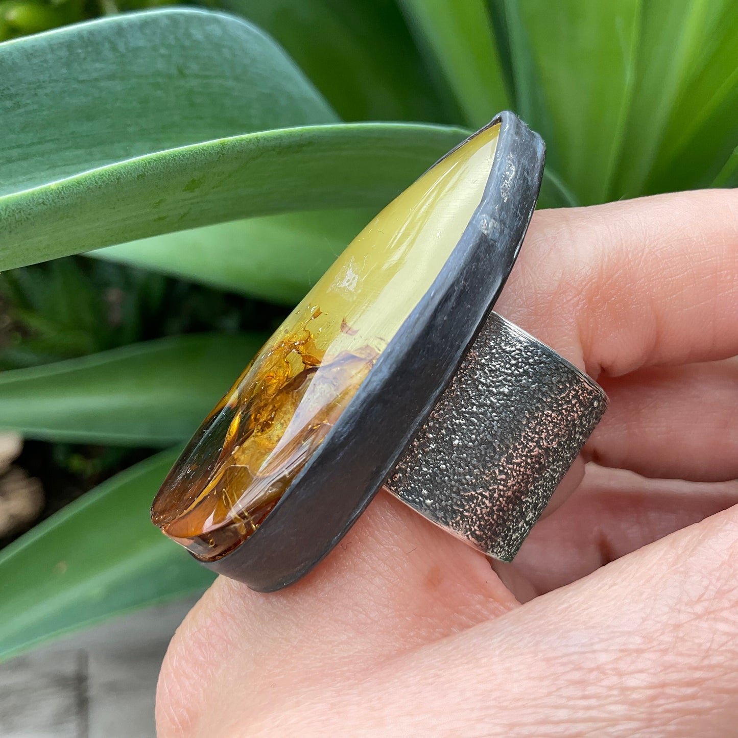 sterling silver Large Baltic amber Statement ring adjustable