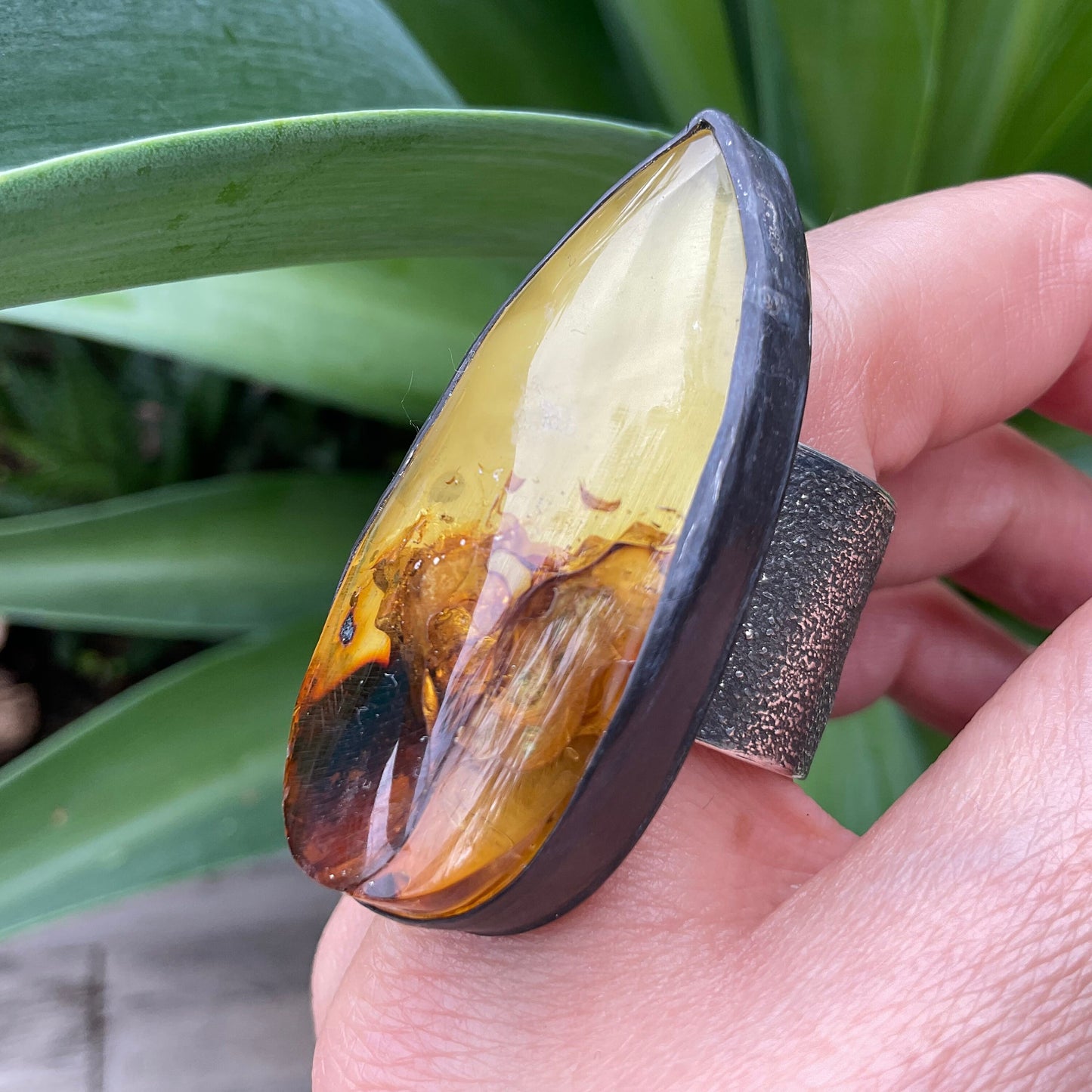 sterling silver Large Baltic amber Statement ring adjustable