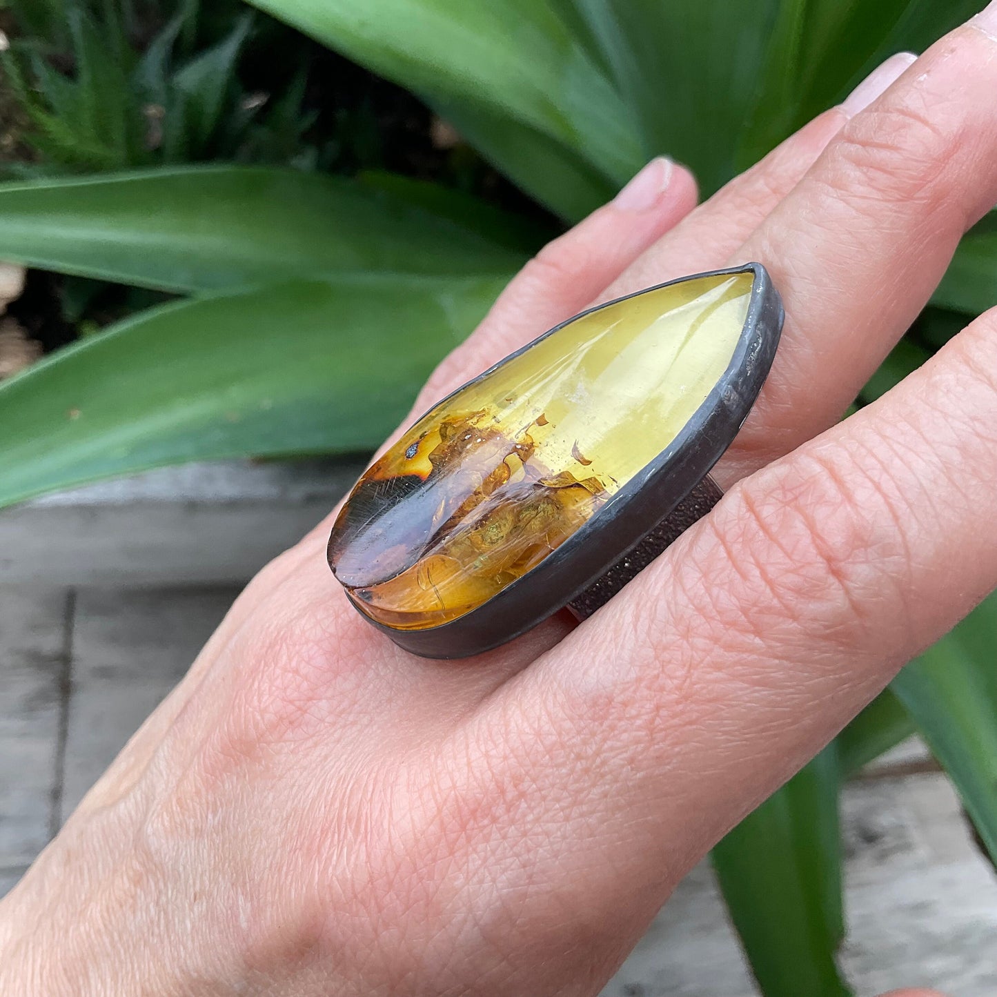 sterling silver Large Baltic amber Statement ring adjustable