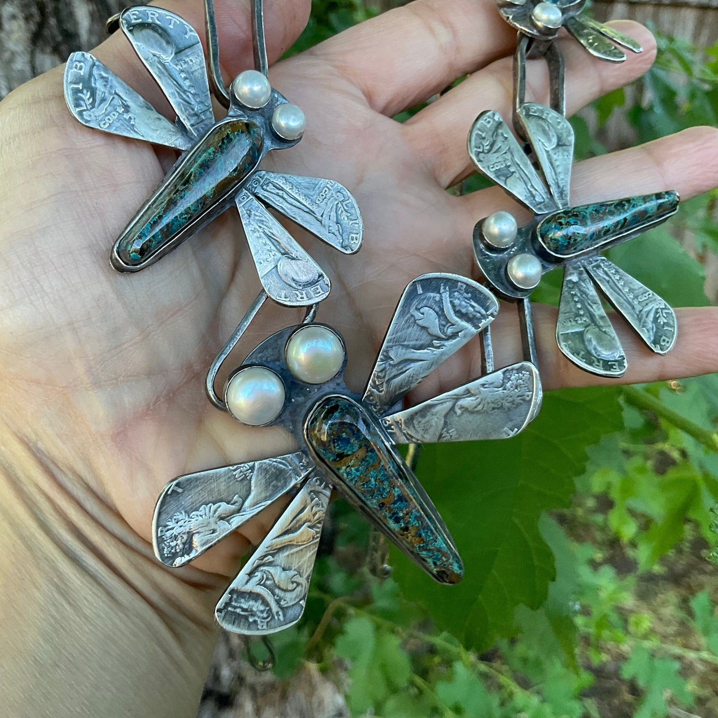 Sterling silver azurite pearl drangon fly coin necklace