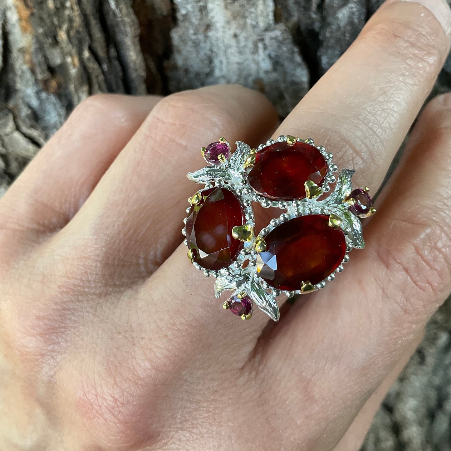 Sterling silver red hessonite garnet Rhodolite Etnika ring 7.5