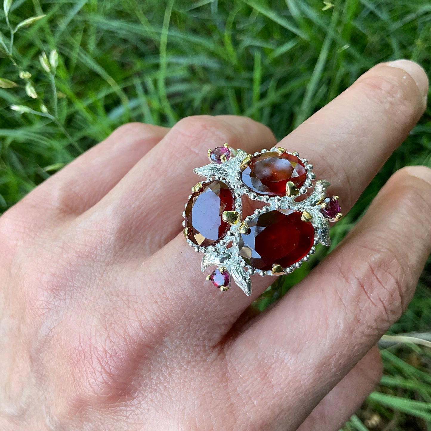 Sterling silver red hessonite garnet Rhodolite Etnika ring 7.5