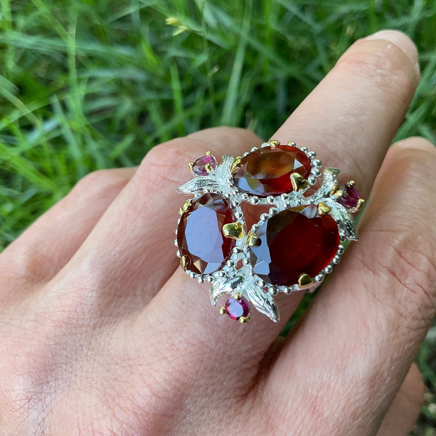 Sterling silver red hessonite garnet Rhodolite Etnika ring 7.5