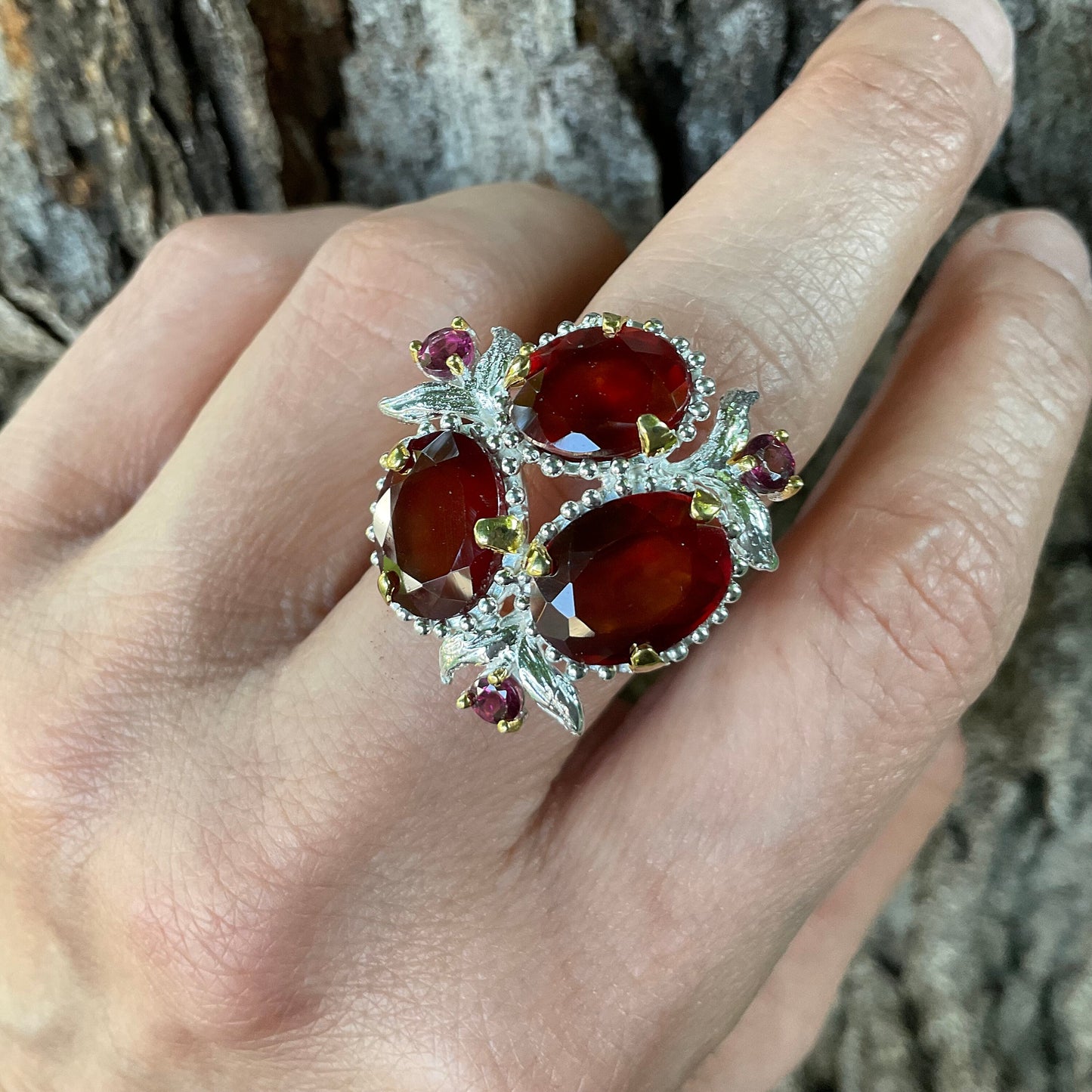 Sterling silver red hessonite garnet Rhodolite Etnika ring 7.5