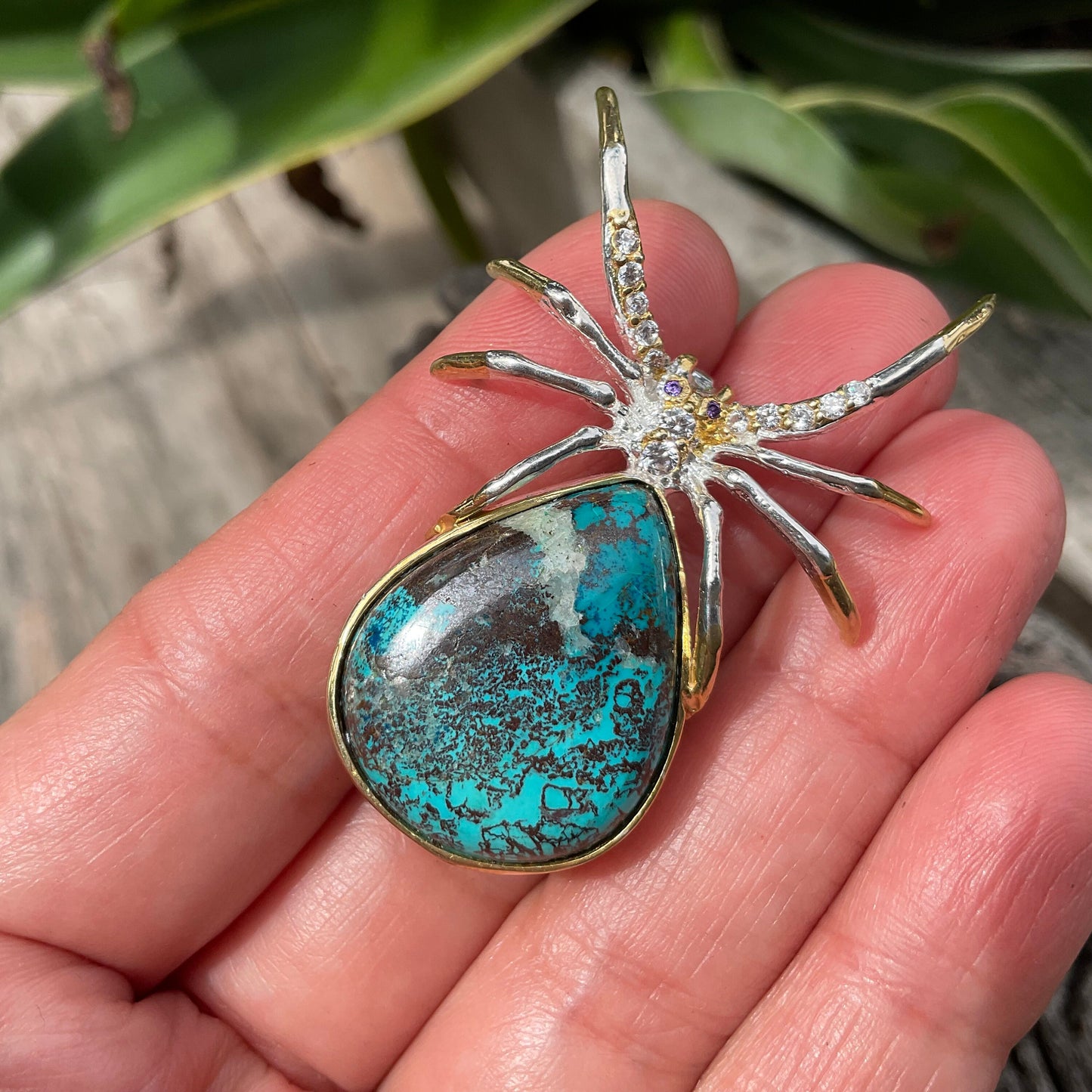 Handmade Sterling Silver modernist spider Brooch Pin turquoise