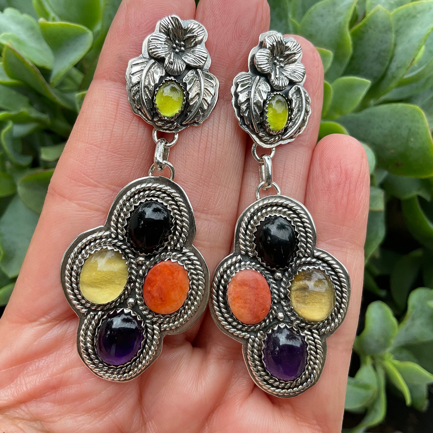 Sterling Silver spiny oyster amethyst onyx peridot vintage statement earrings