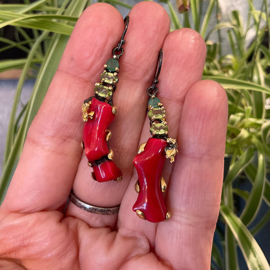 Emerald peridot Sterling Silver red coral dangle earrings