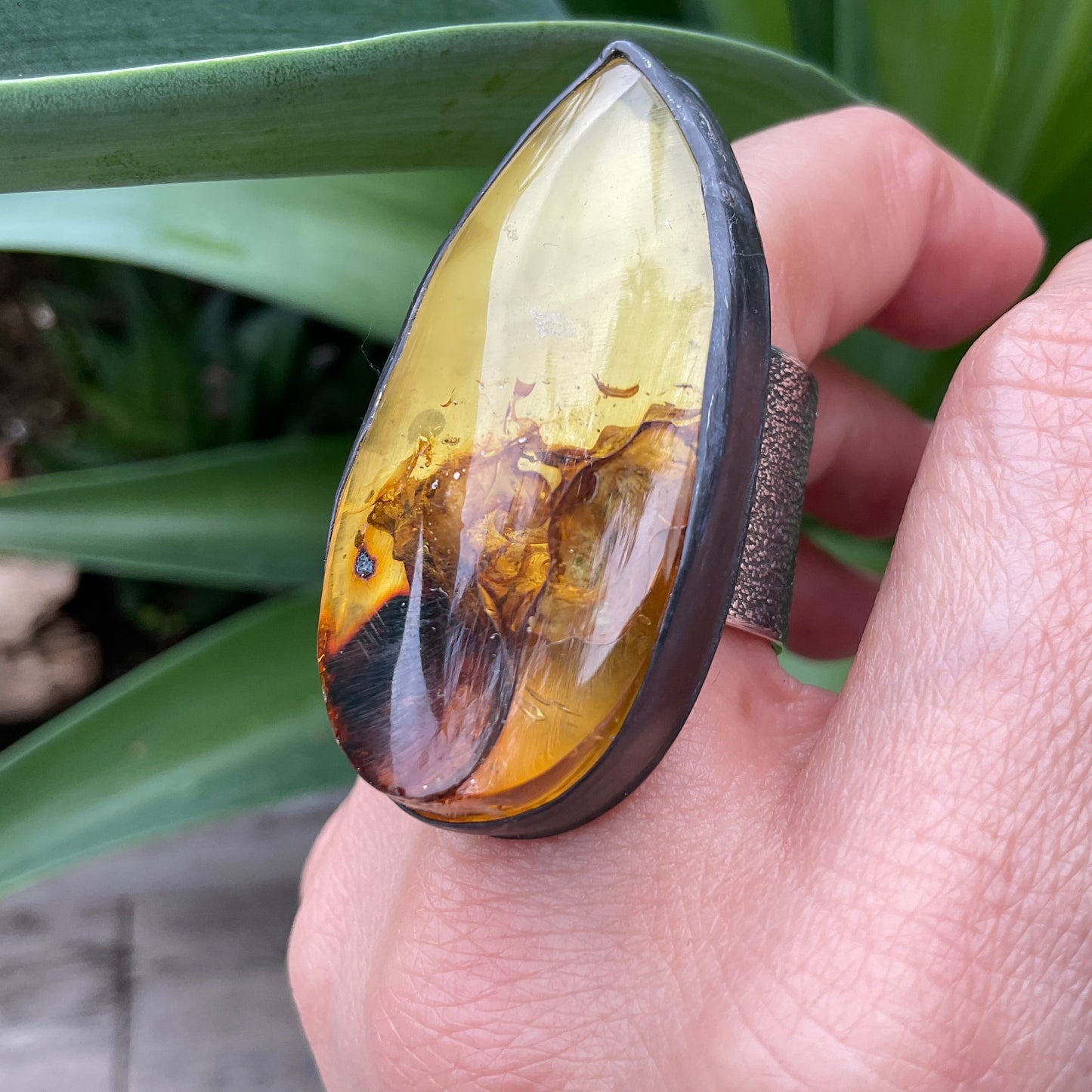 sterling silver Large Baltic amber Statement ring adjustable