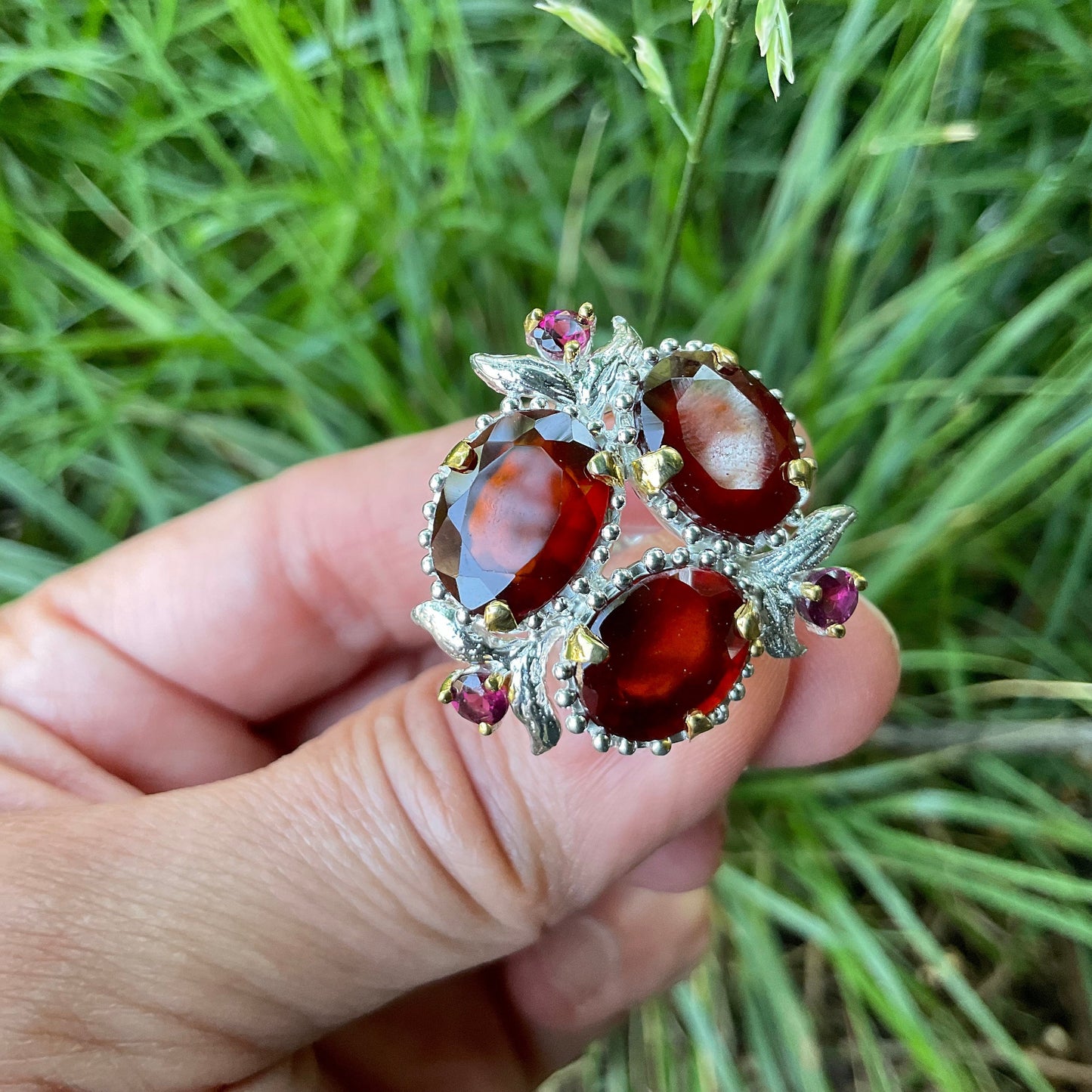 Sterling silver red hessonite garnet Rhodolite Etnika ring 7.5