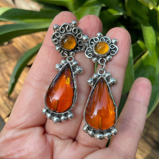 Sterling Silver vintage Amber statement dangle earrings