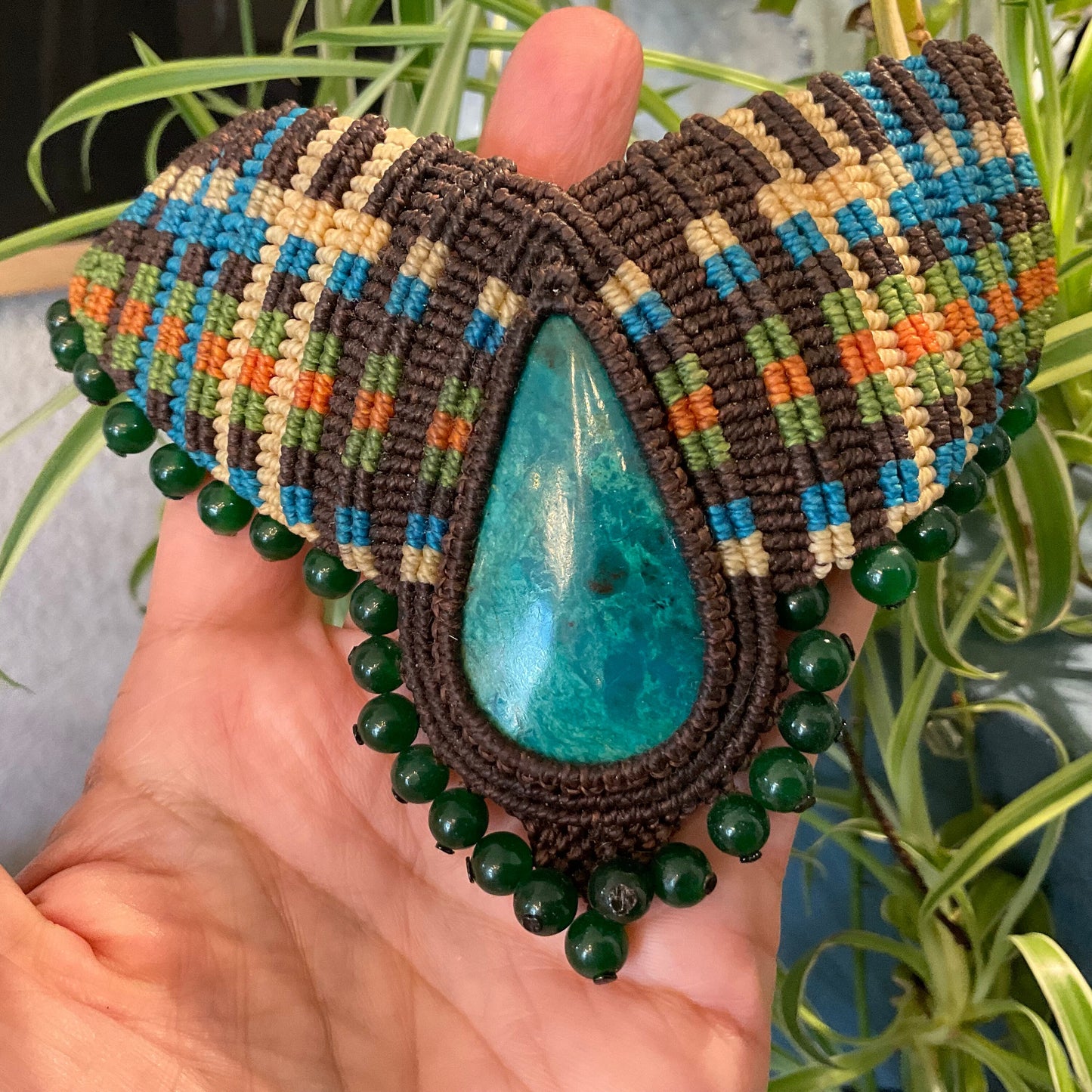 Handmade macrame necklace and Chrysocolla Artisan Choker