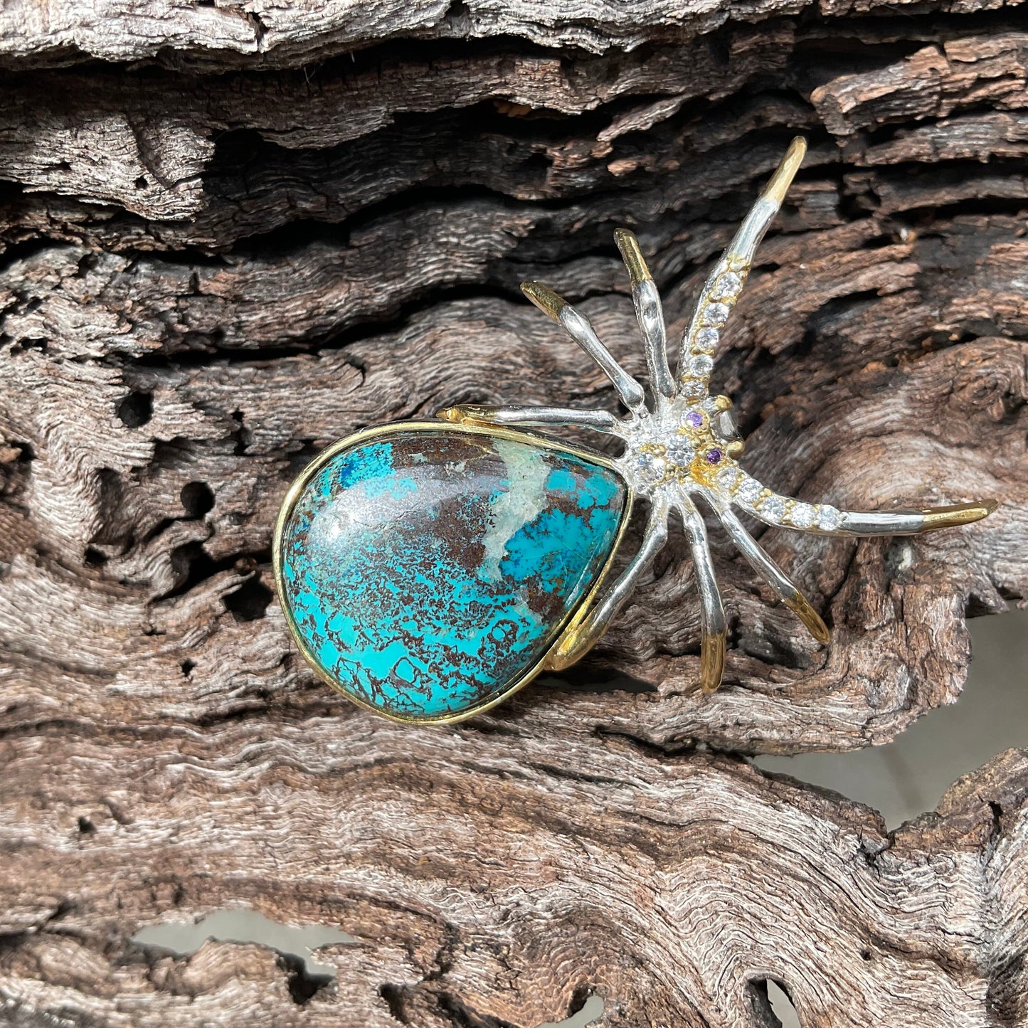 Handmade Sterling Silver modernist spider Brooch Pin turquoise