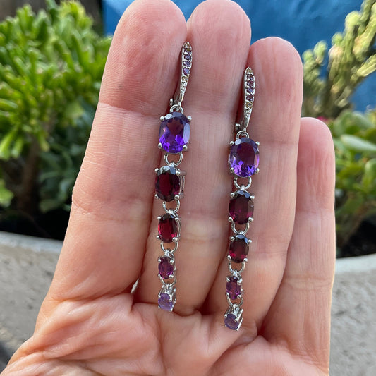 sterling Silver Amethyst Long Dangle red garnet Earrings