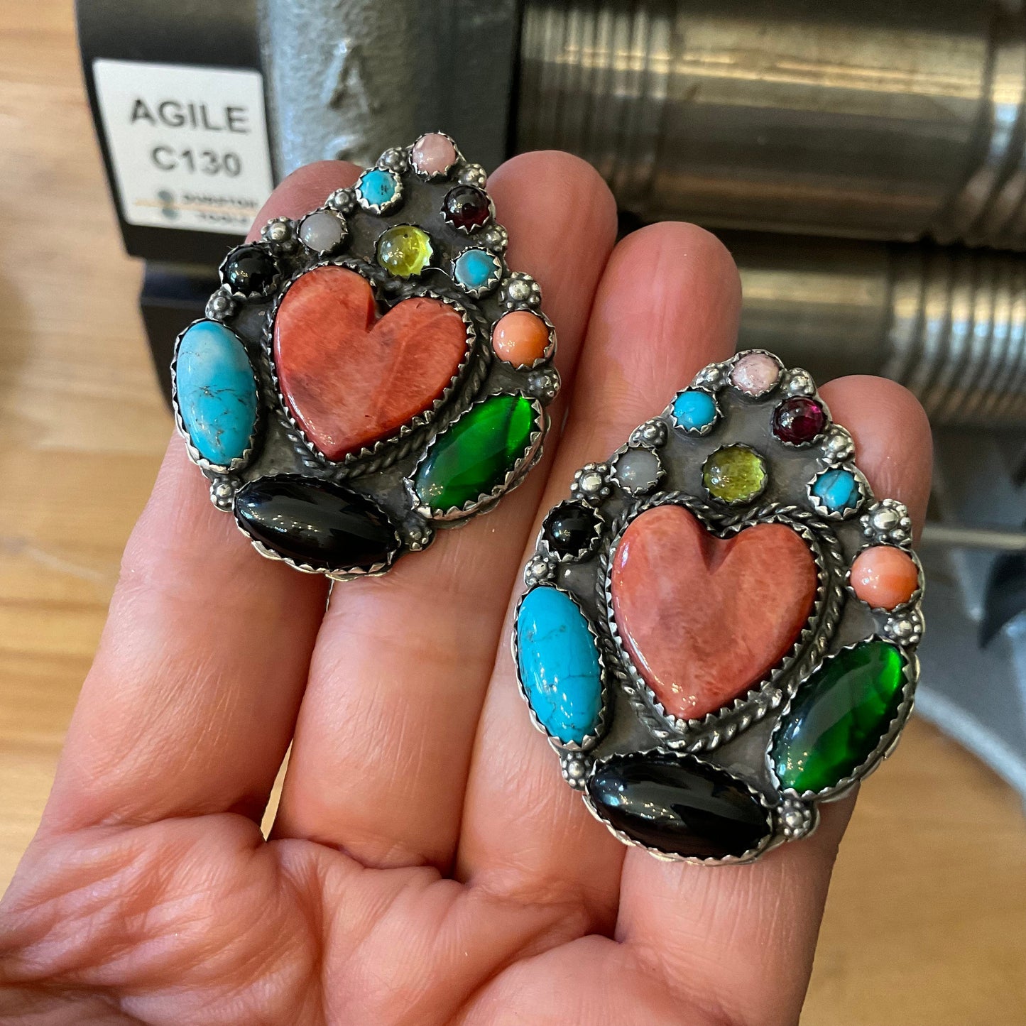 Sterling Silver coral Spiny oyster large heart turquoise Native American earrings