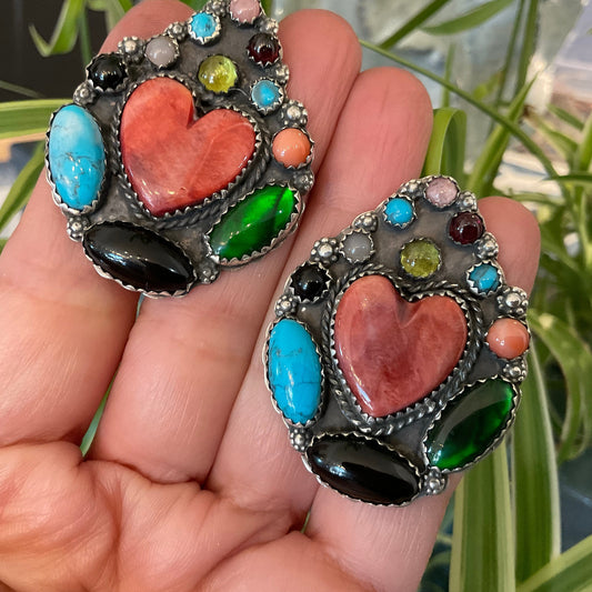 Sterling Silver coral Spiny oyster large heart turquoise Native American earrings