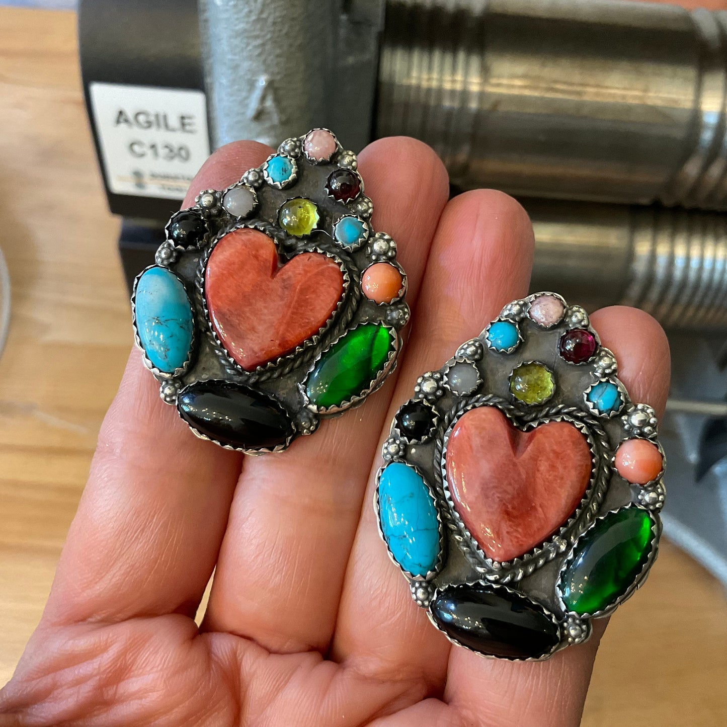 Sterling Silver coral Spiny oyster large heart turquoise Native American earrings