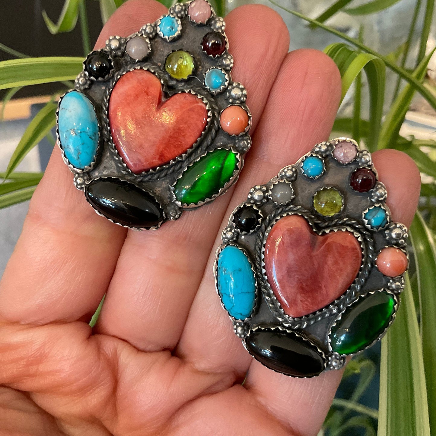 Sterling Silver coral Spiny oyster large heart turquoise Native American earrings