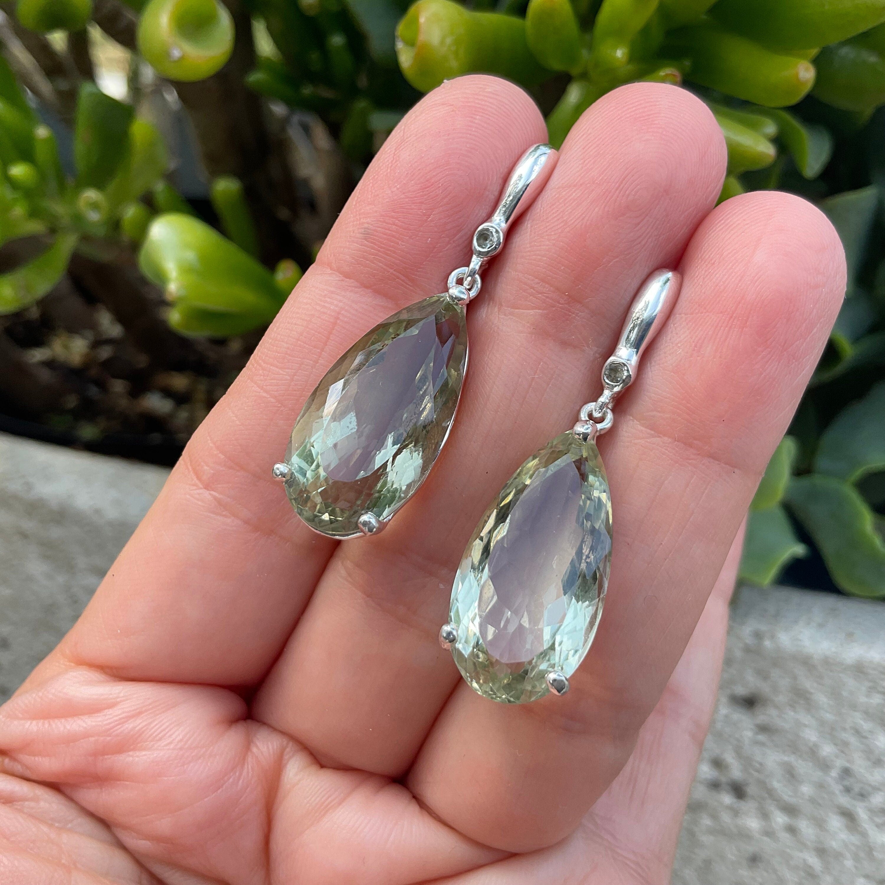 Natural Genuine Green Amethyst Silver Danglers|Real Green Amethyst Silver Earrings For popular Her|Green Amethyst Teardrops For Women|Christmas Gift