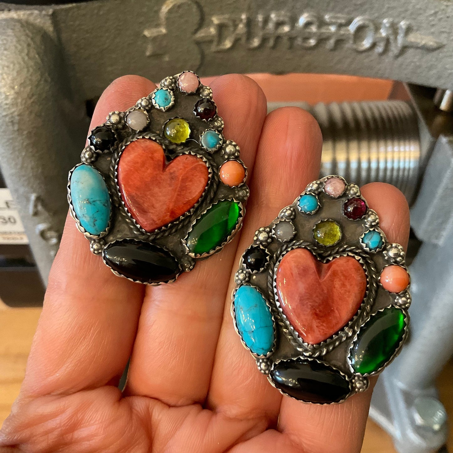 Sterling Silver coral Spiny oyster large heart turquoise Native American earrings