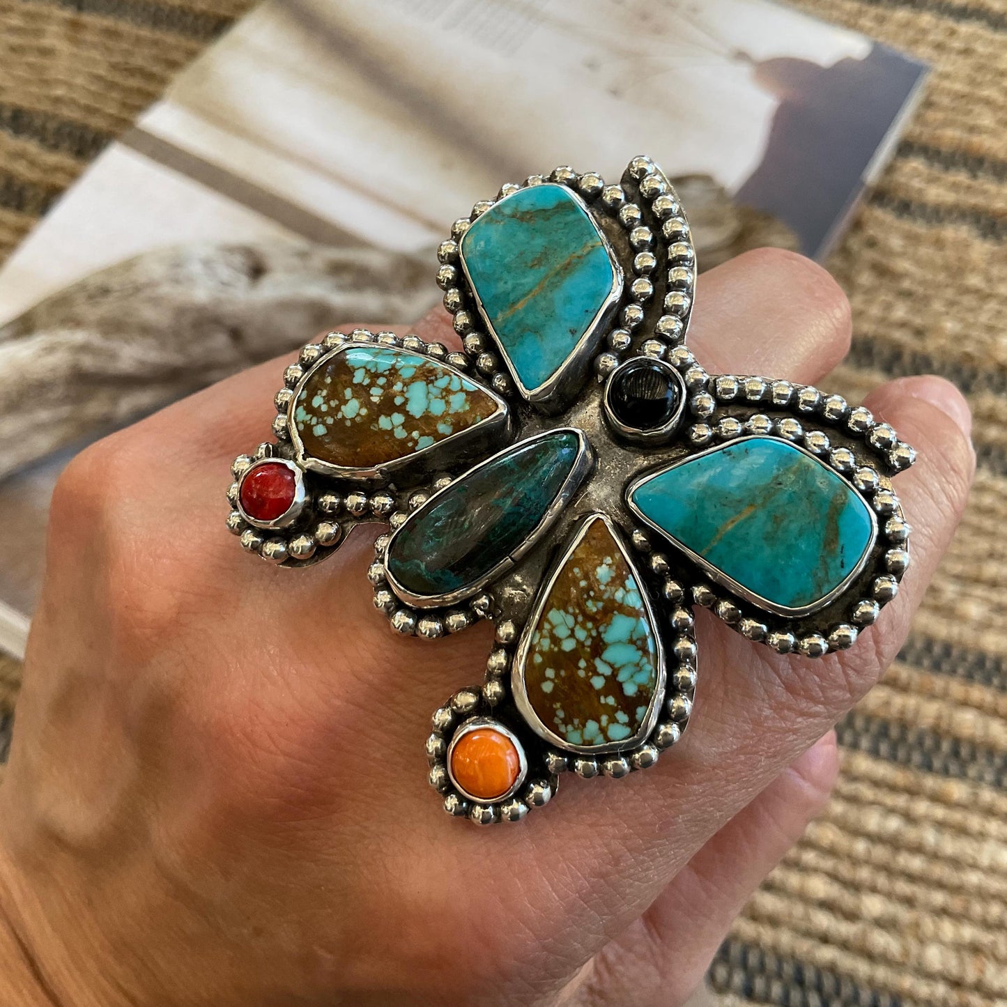 Sterling Statement turquoise butterfly huge adjustable cuff ring