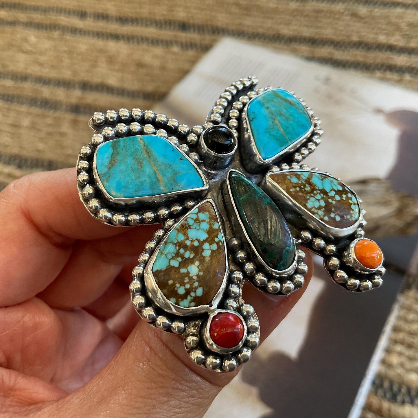 Sterling Statement turquoise butterfly huge adjustable cuff ring