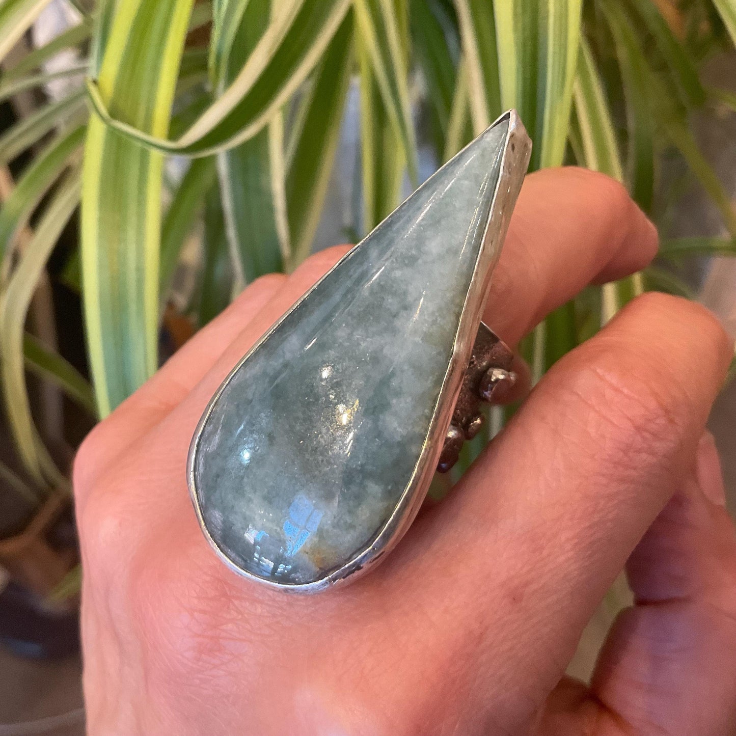 Sterling Statement Guatemalan jade pear shape huge adjustable modernist art cuff ring