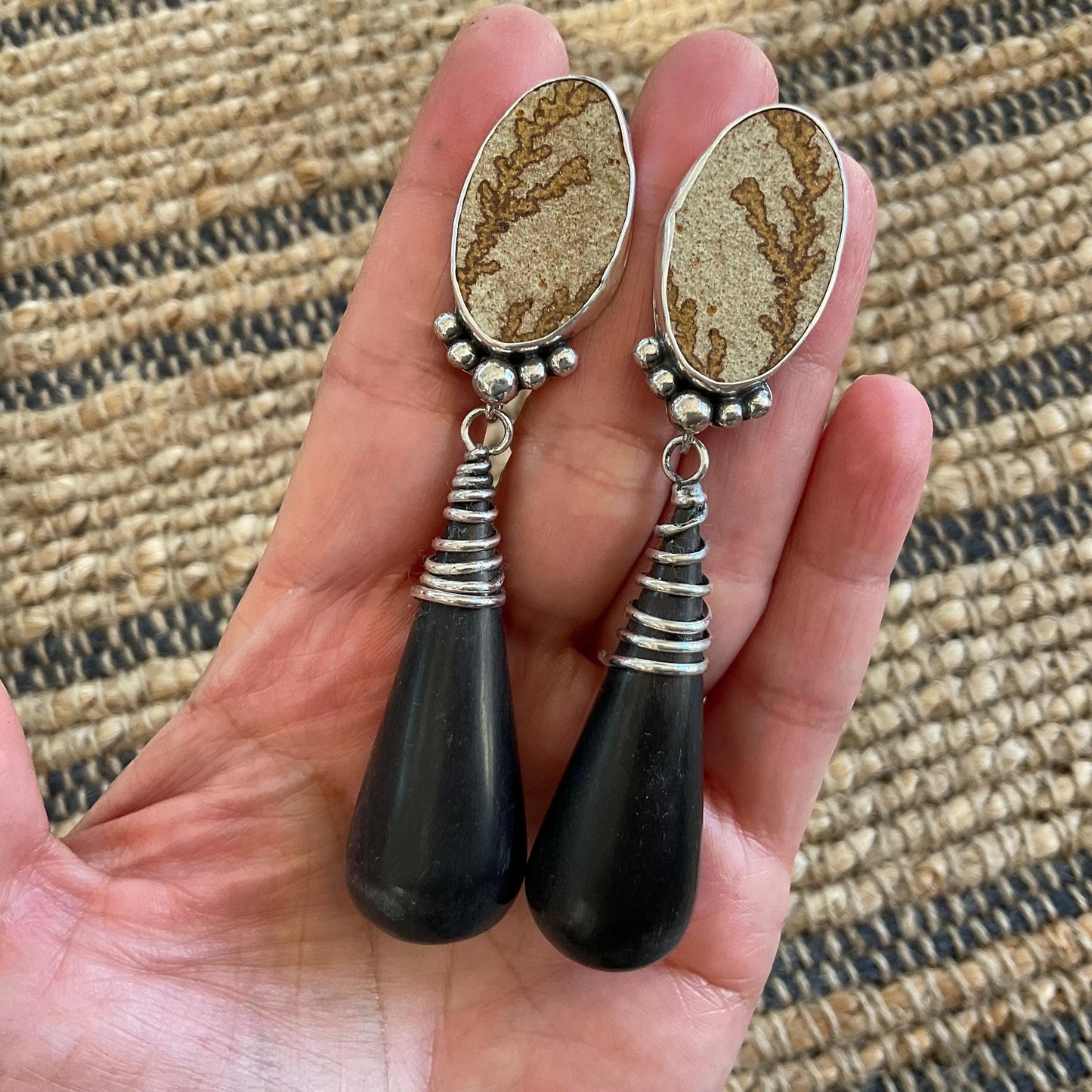 sterling silver Modernist oversize black cone horn picture jasper Earrings