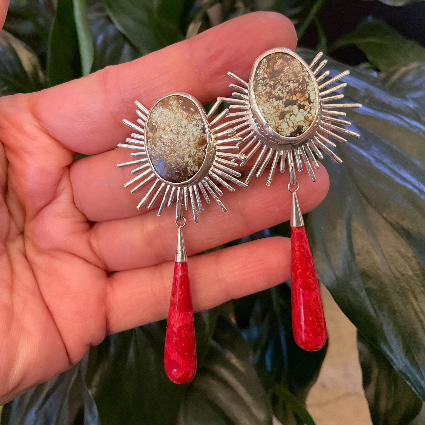 Sterling Silver turquoise coral sunburst long dangle earrings