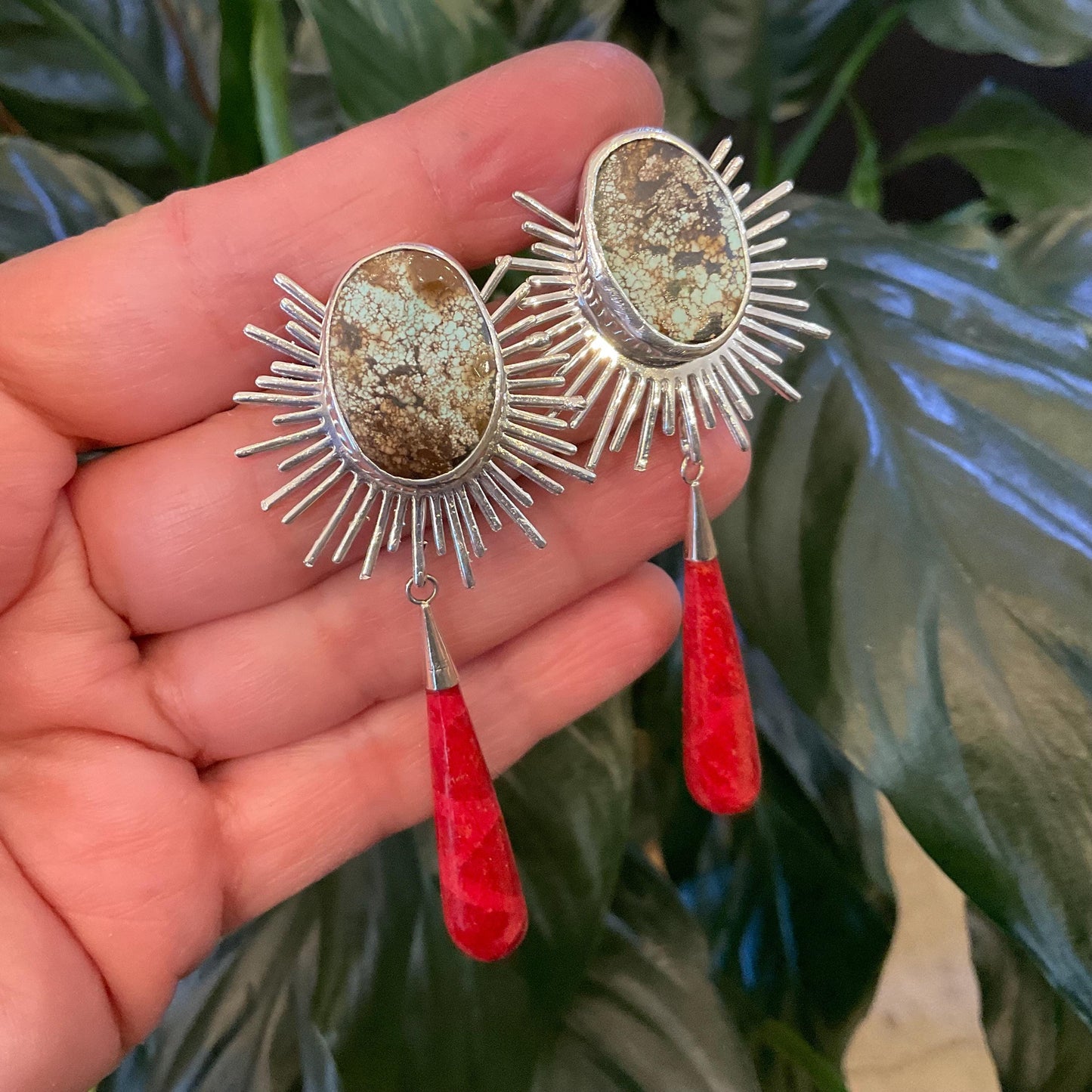 Sterling Silver turquoise coral sunburst long dangle earrings