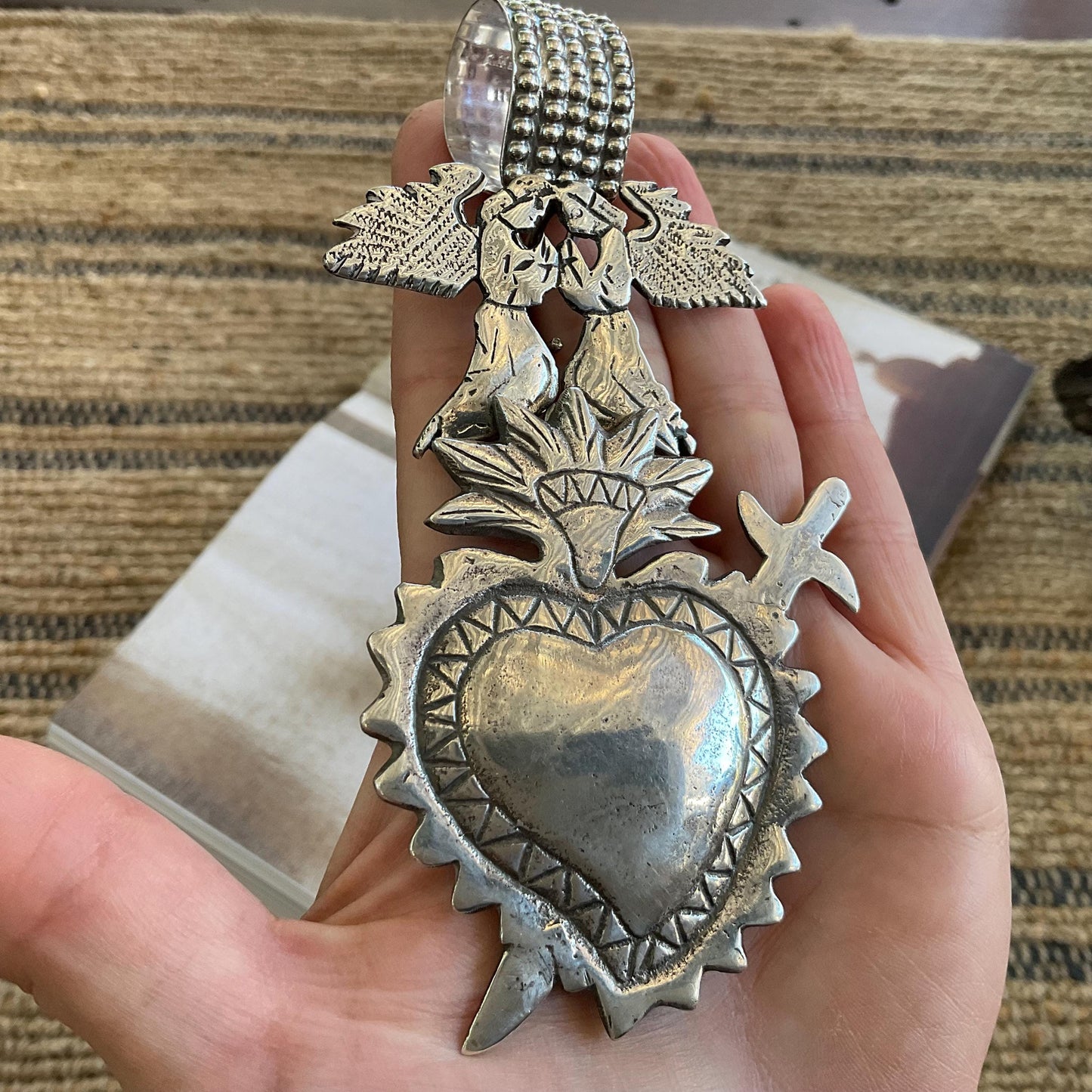 Sterling silver flame sacred heart angels huge pendant custom bail