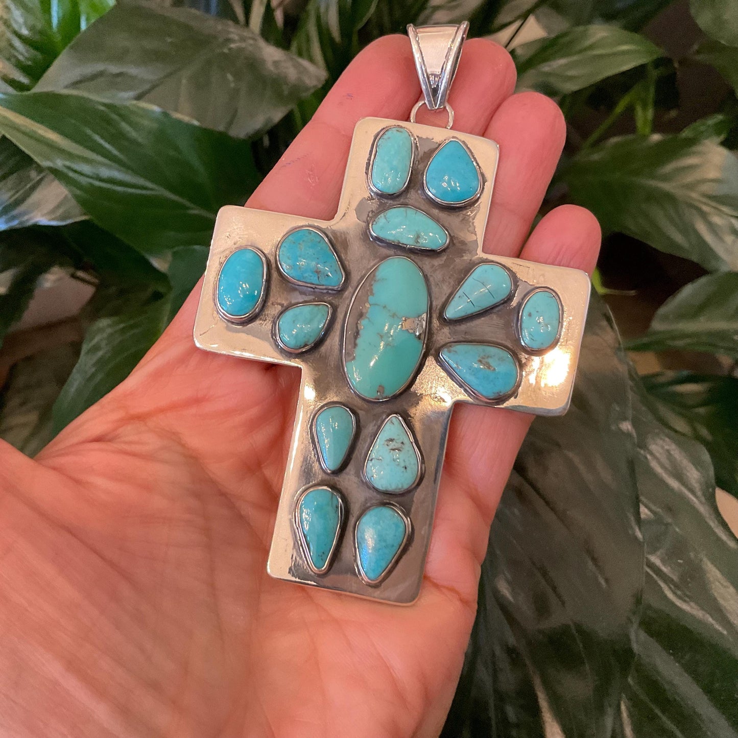 sterling silver genuine turquoise Oversize huge cross Pendant