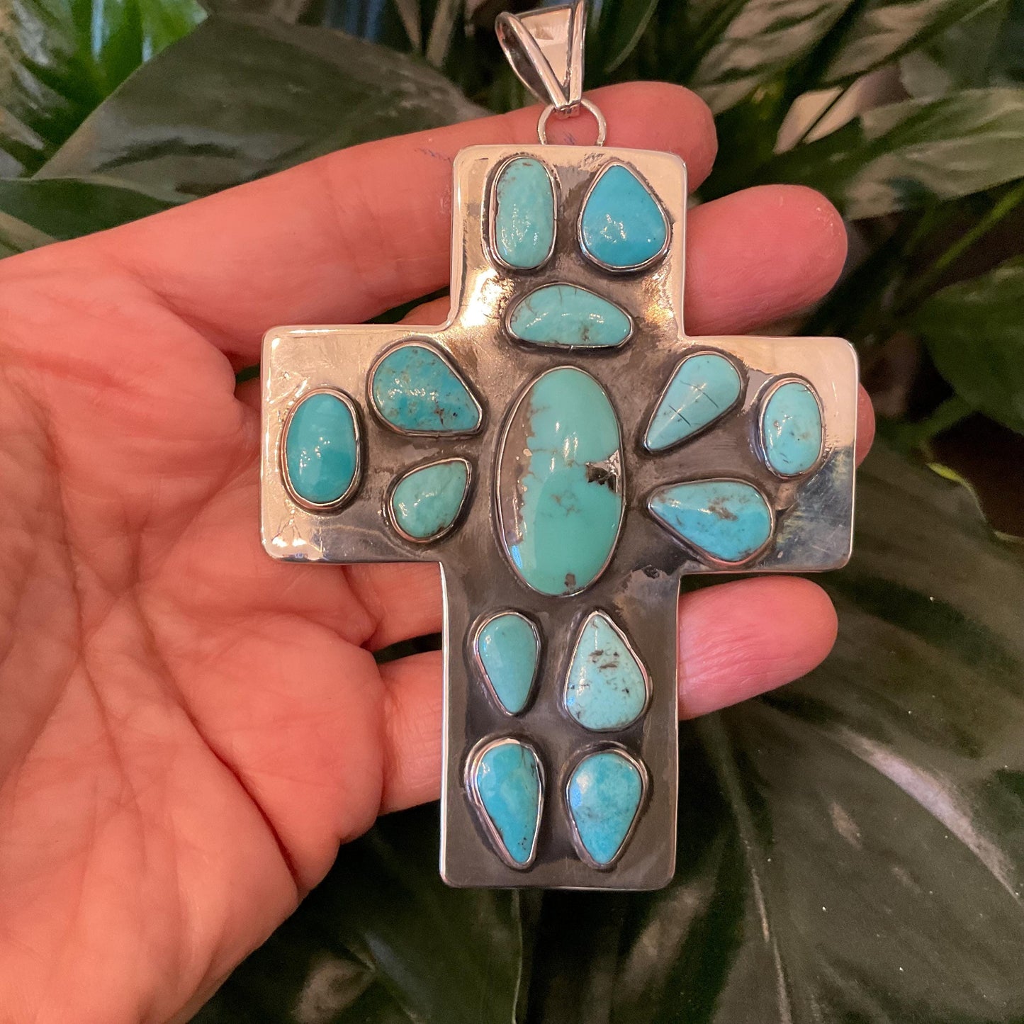 sterling silver genuine turquoise Oversize huge cross Pendant