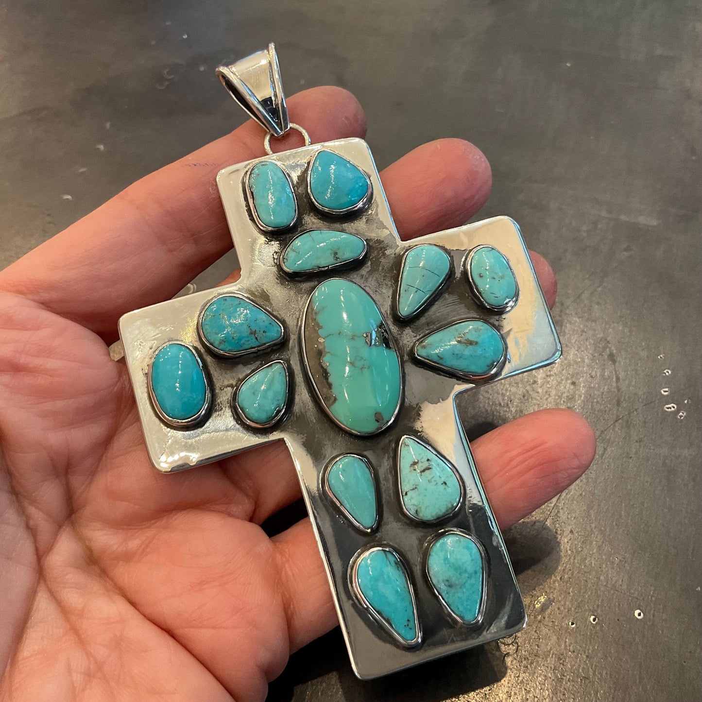 sterling silver genuine turquoise Oversize huge cross Pendant