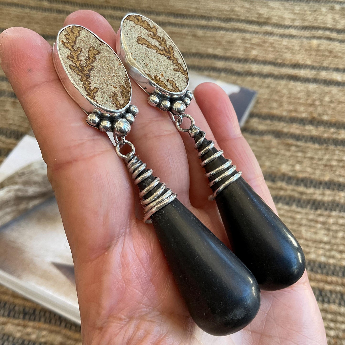 sterling silver Modernist oversize black cone horn picture jasper Earrings