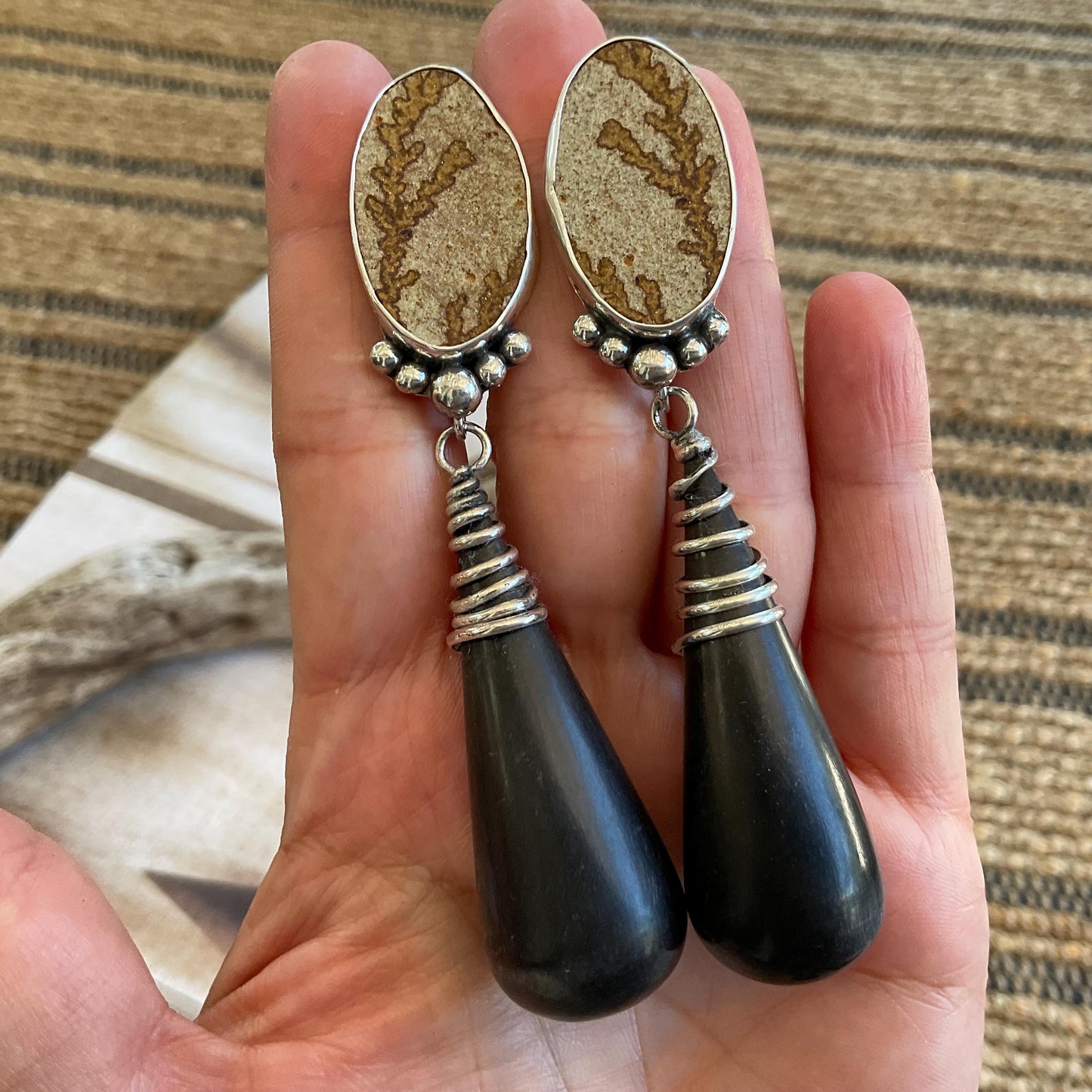 sterling silver Modernist oversize black cone horn picture jasper Earrings