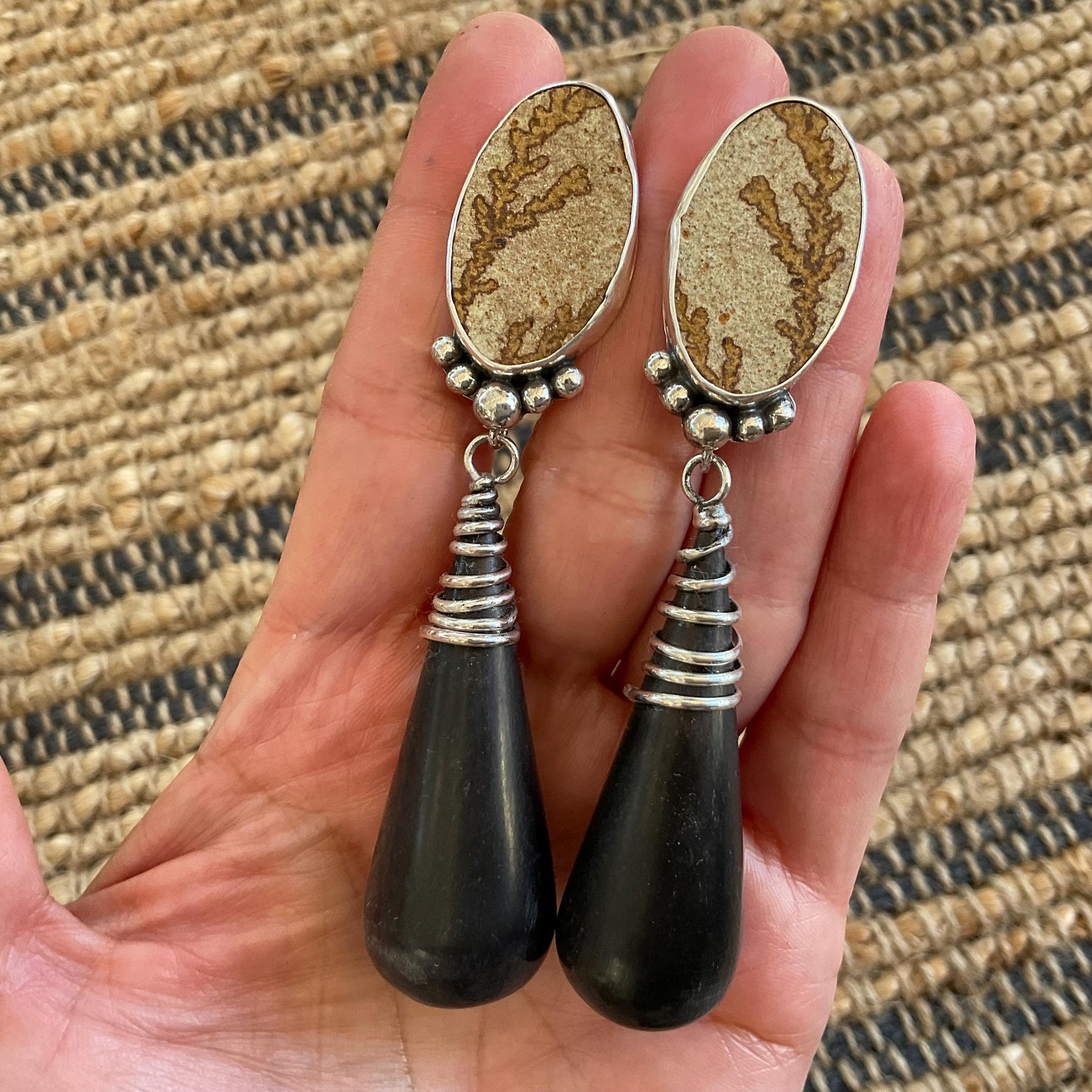 sterling silver Modernist oversize black cone horn picture jasper Earrings