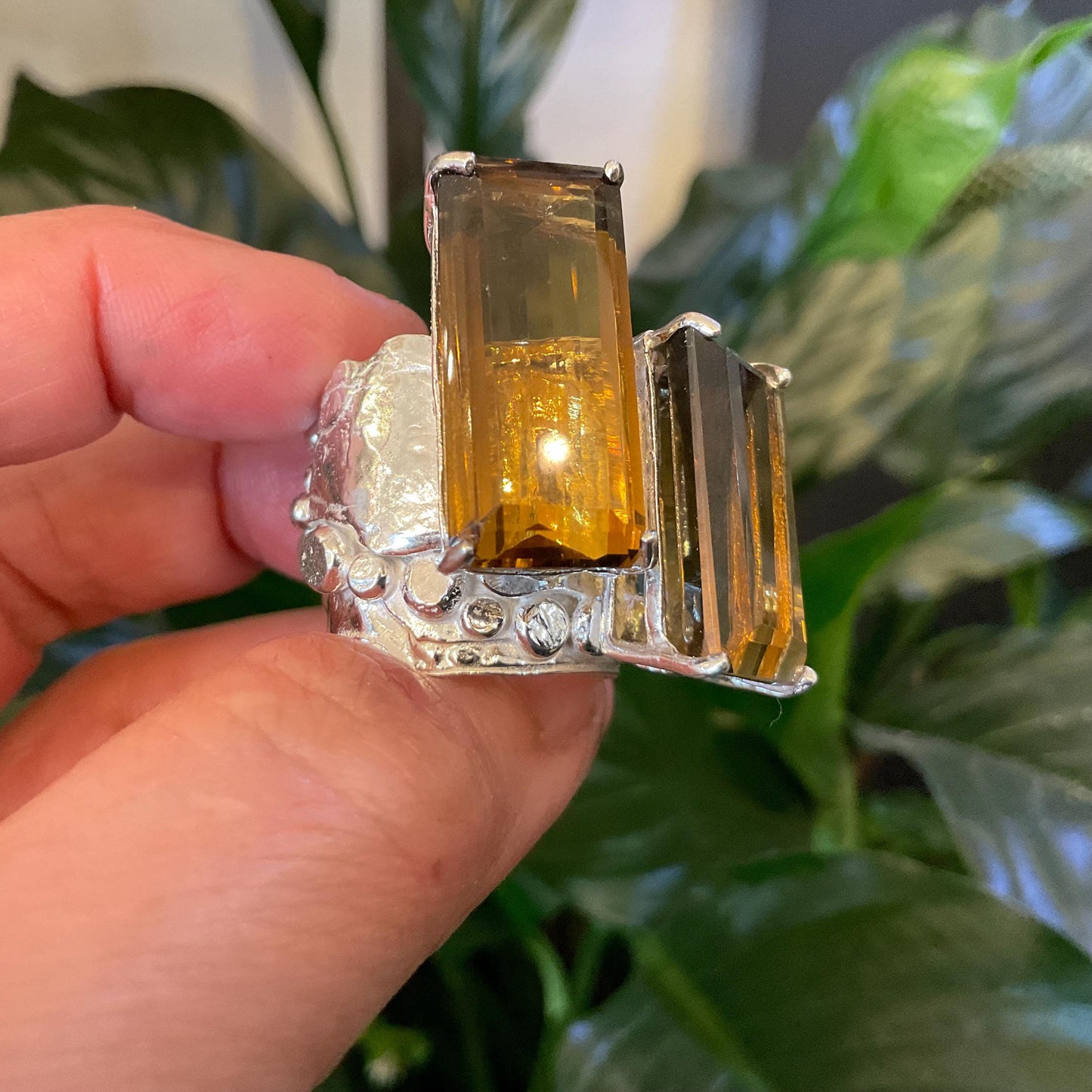 Upcycle sterling silver modernist brutalist citrine ring open cuff