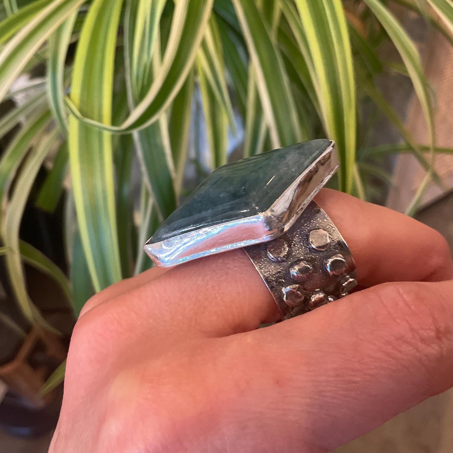 Sterling Statement Guatemalan jade diamond shape adjustable modernist art cuff ring