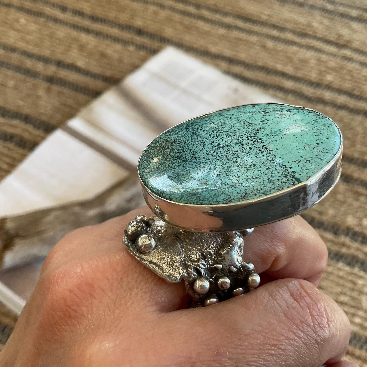 Sterling Statement turquoise huge adjustable modernist art cuff ring