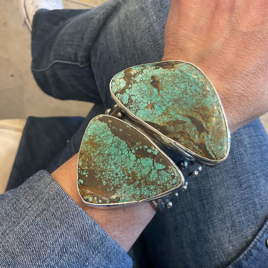 sterling silver massive brutalist turquoise wide bracelet cuff