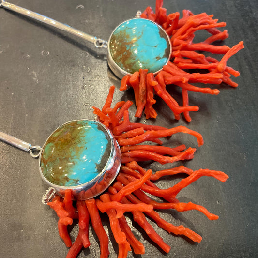 Sterling Silver turquoise statement turquoise coral long earrings *RESERVED do NOT buy