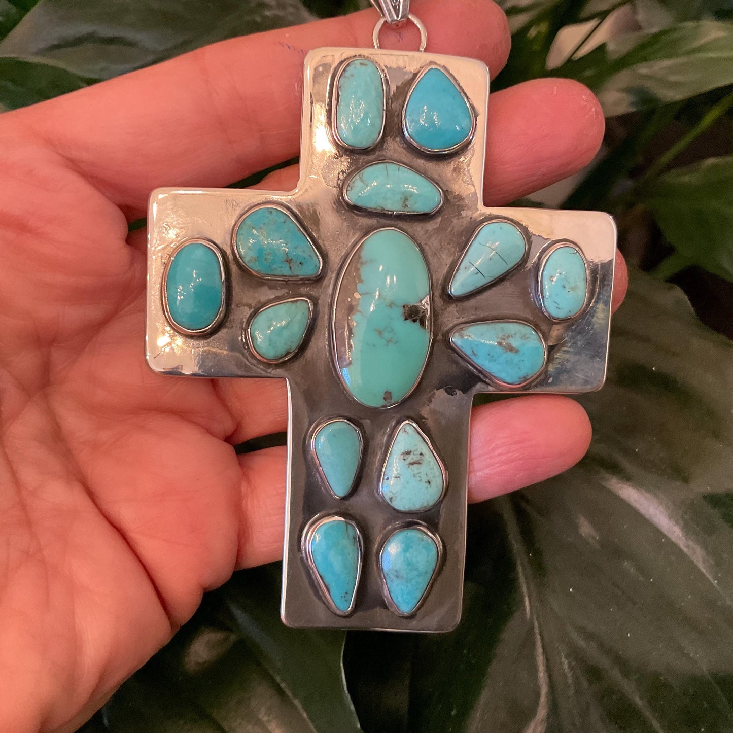 sterling silver genuine turquoise Oversize huge cross Pendant